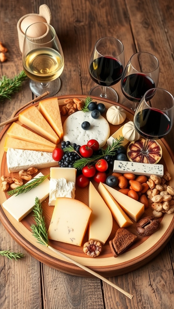A cheese platter with brie, cheddar, blue cheese, and gouda, accompanied by wine glasses and fresh fruits.